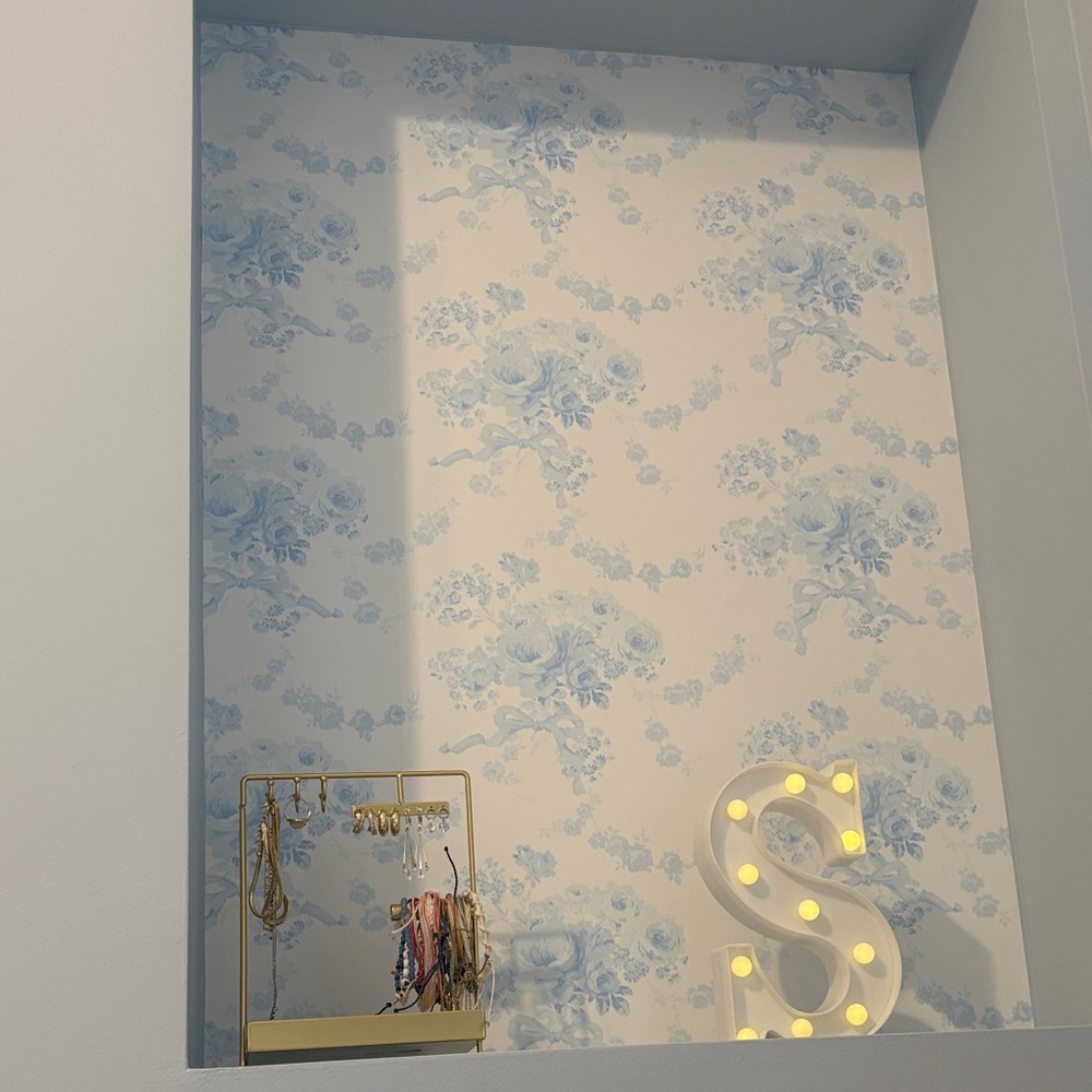 New Love Shack Fancy Blue Floral Bow Wallpaper (Whatever is leftover)